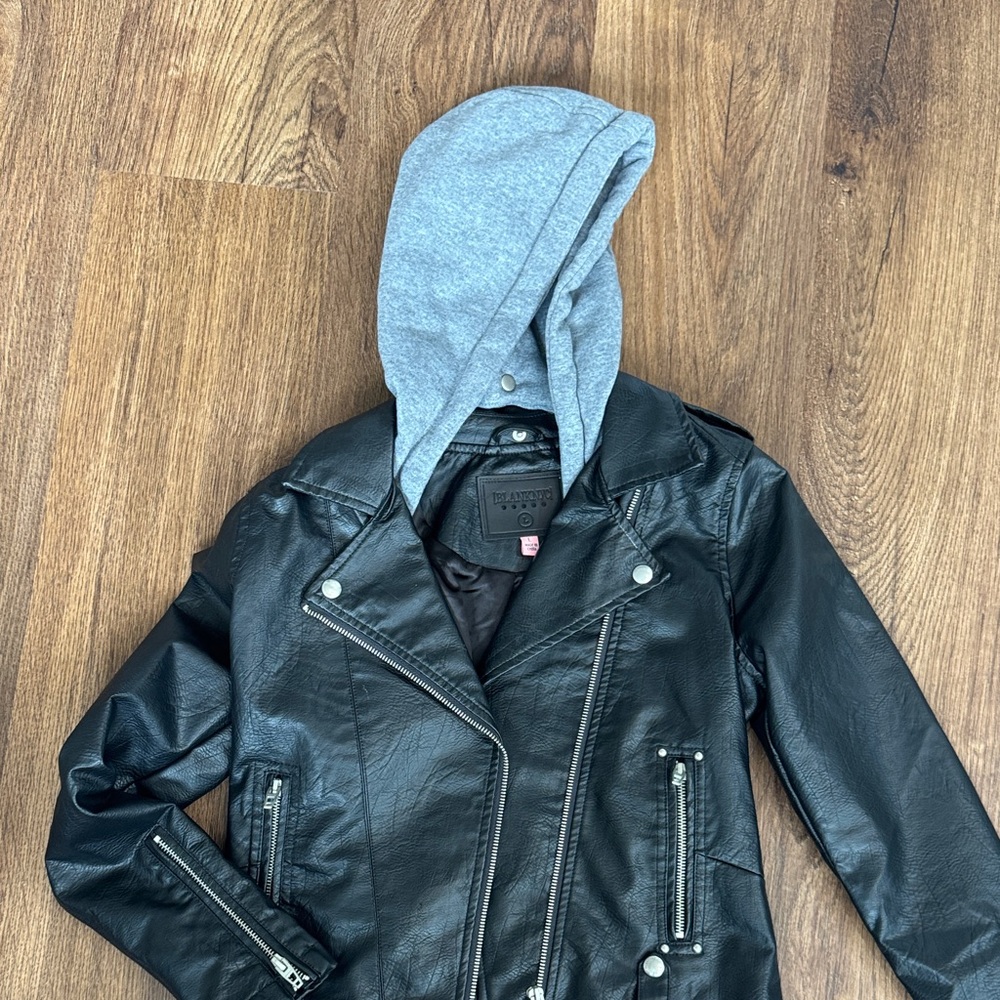 Blank NYC Black Faux Leather Jacket with Gray Hood